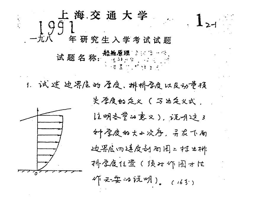 1991年上海交通大学船舶原理考研真题考研试题硕士研究生入学考试试题