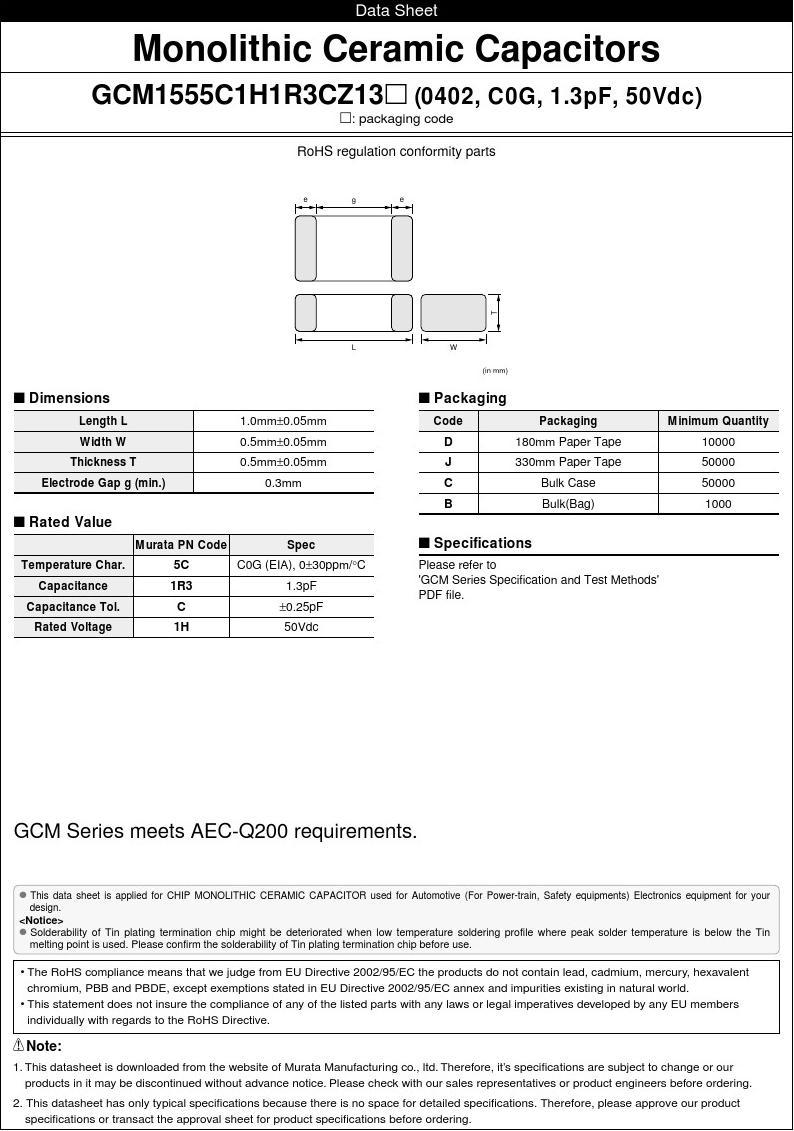 GCM1555C1H1R3CZ13D;中文规格书,Datasheet资料