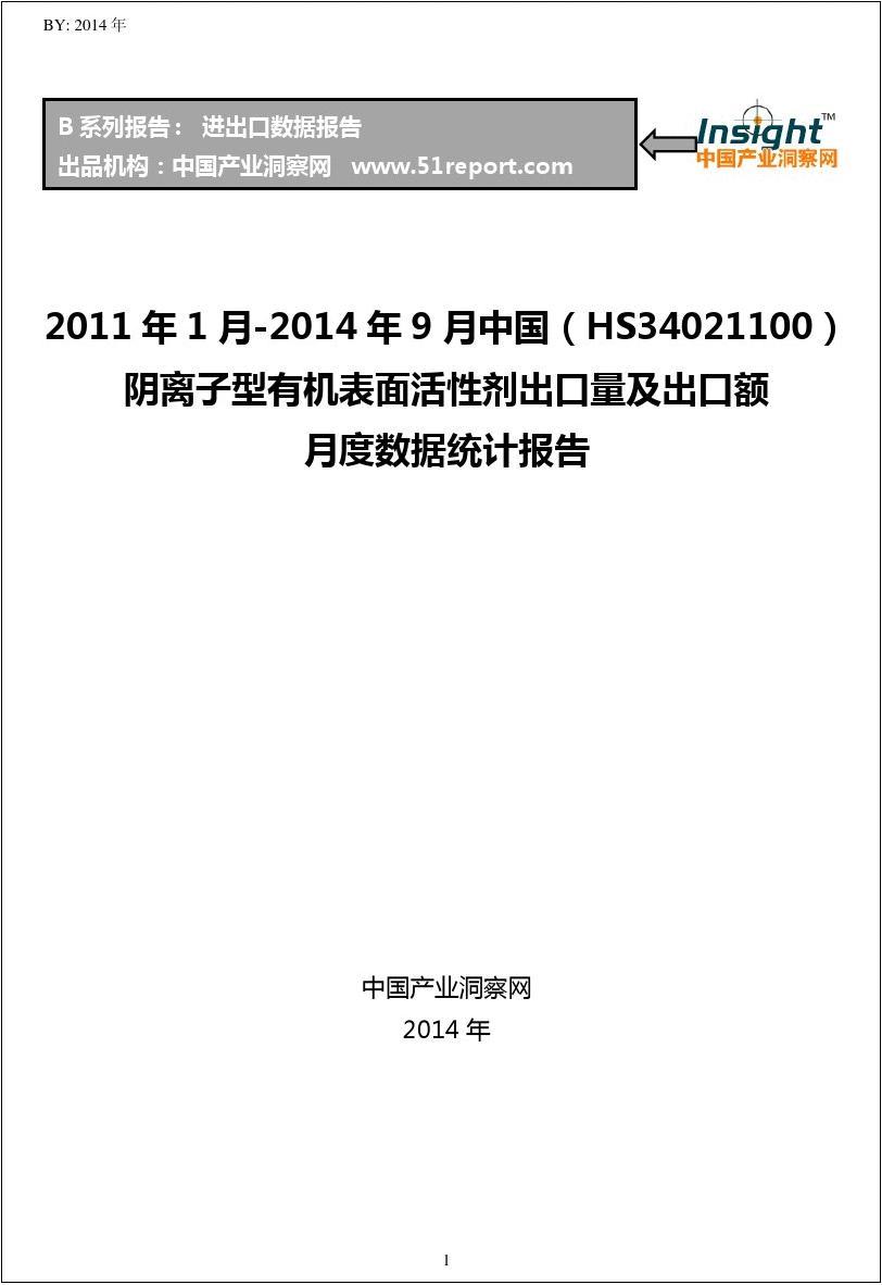 2011年1月-2014年9月中国(HS34021100)阴离子型有机出口量及出口额月度数
