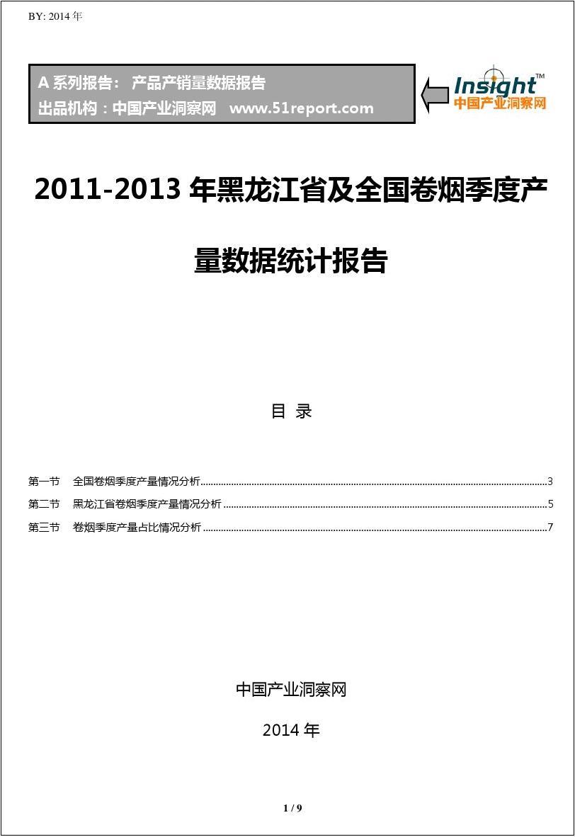 2011-2013年黑龙江省及全国卷烟季度产量数据统计报告