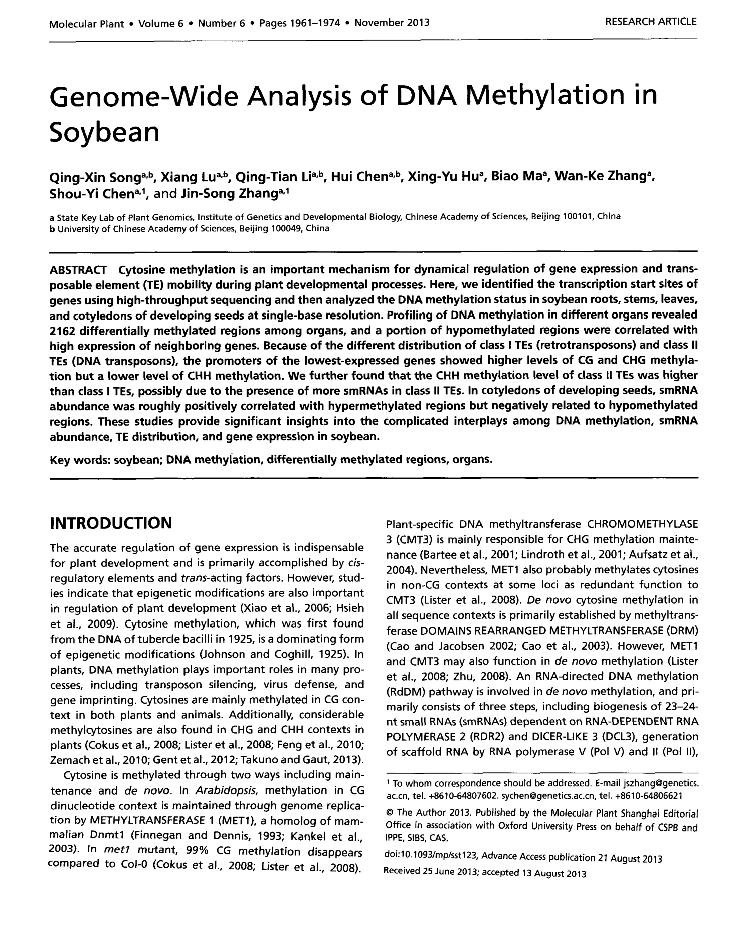 Genome-Wide Analysis of DNA Methylation in Soybean-论文