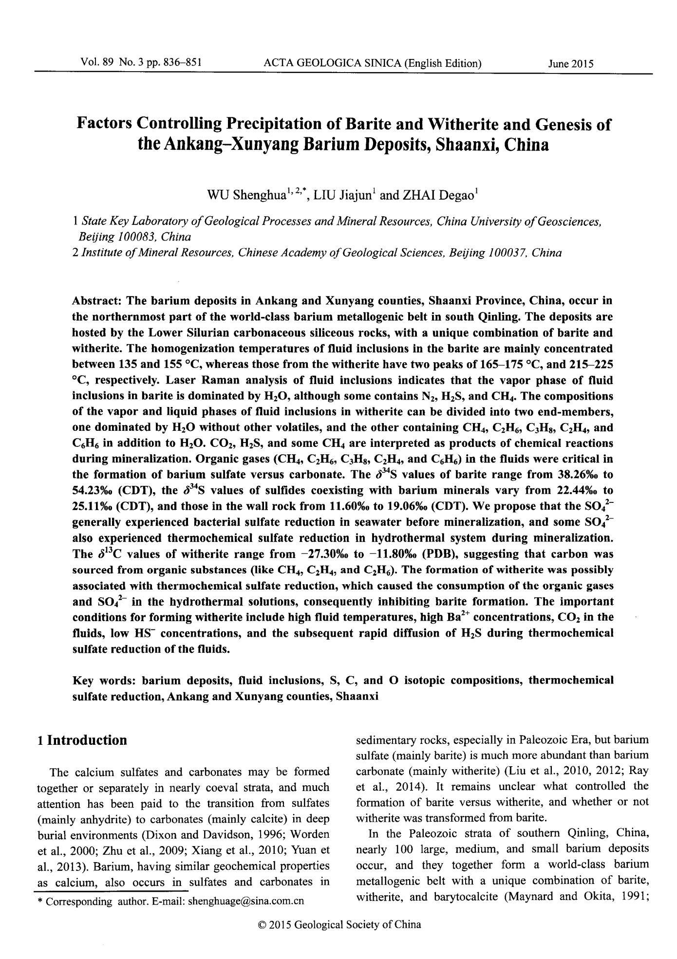 Factors Controlling Precipitation of Barite and Witherite and Genesis of  the Ankang-Xunya