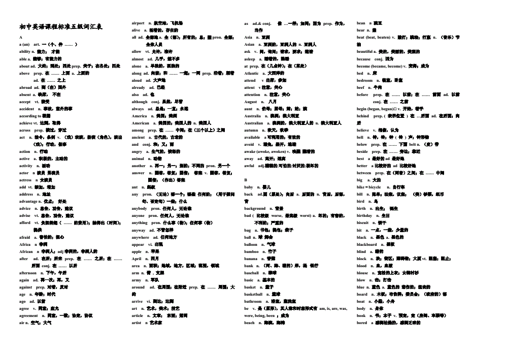 初中英语课程标准五级词汇表(打印版)