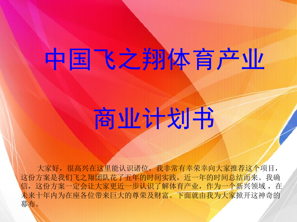 中国飞之翔体育产业商业计划书5分钟简介精品PPT课件