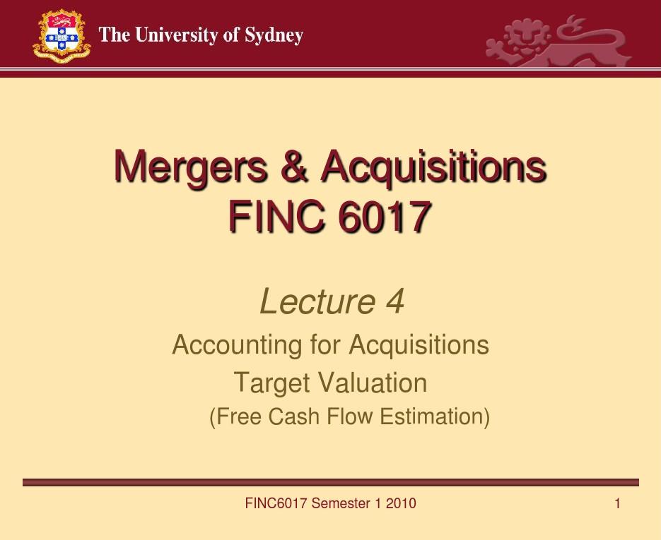 FINC6017_Merger and Acquisition_2009 Semester 1_Lecture 04 (week 4)